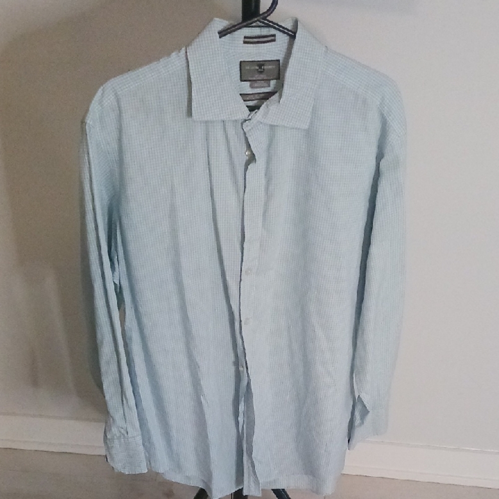 Men's Light Blue Checkered Button-Up Shirt - Size 17 / 34